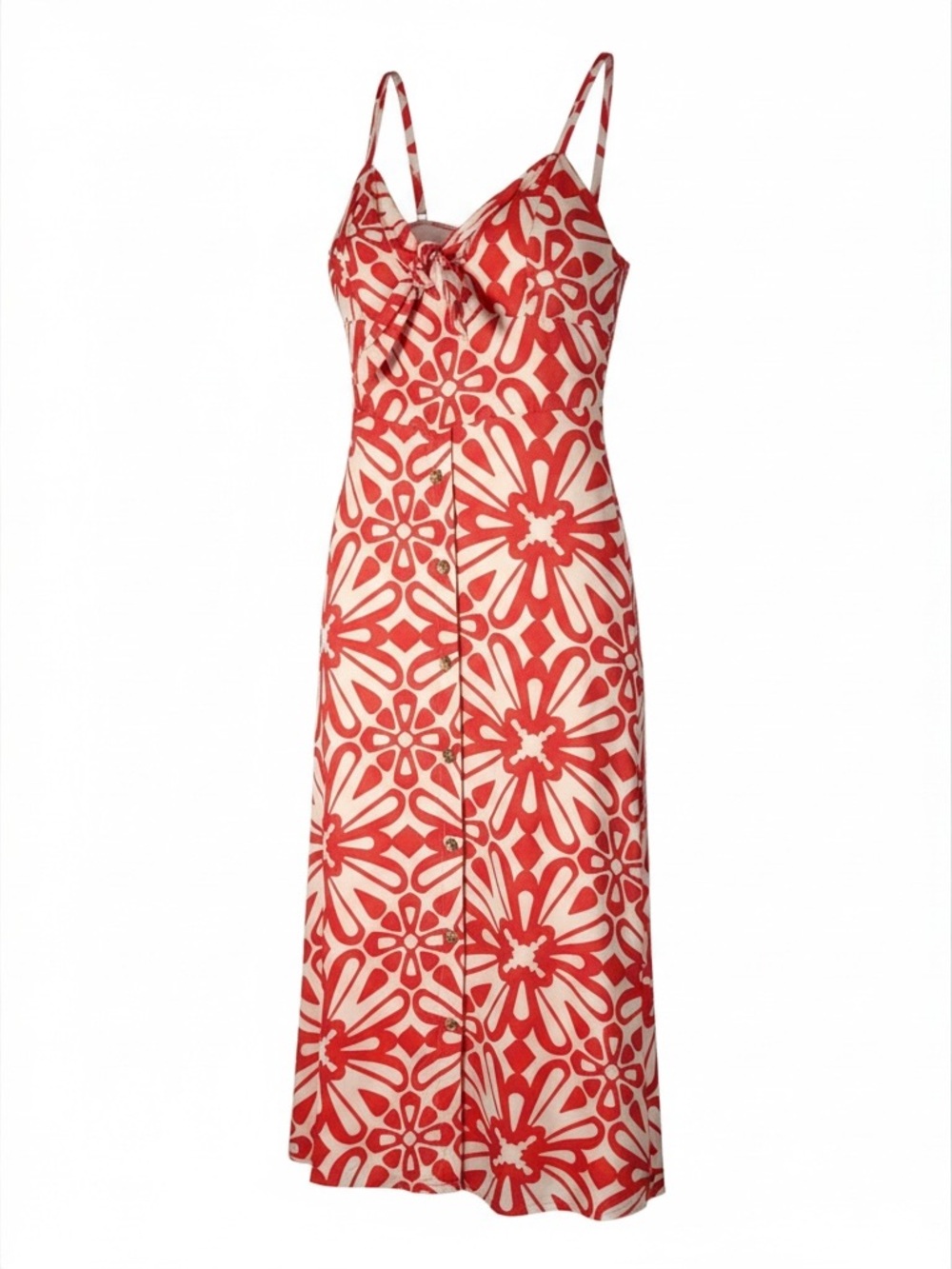 AUW Floral Midi Dress Womens L Red White Like New Adjustable Straps Button Front
